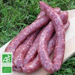 Saucisses de bœuf BIO par 6 par la Ferme Bichet, viande de boeuf charolais bio à la ferme traditionnelle, domaine et prairies naturelles, livraison fraîcheur.